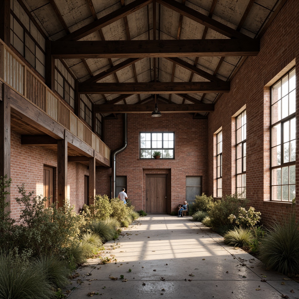 Prompt: Rustic industrial landscape, abandoned factories, worn brick walls, distressed metal roofs, reclaimed wood accents, earthy tones, natural textures, regional materials, local craftsmanship, exposed ductwork, concrete floors, steel beams, functional minimalism, industrial chic aesthetic, warm soft lighting, shallow depth of field, 1/1 composition, realistic renderings, ambient occlusion.