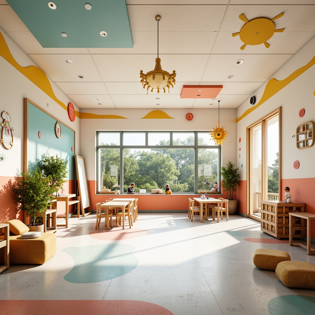 Prompt: Vibrant elementary school, playful color scheme, soft pastel hues, creamy whites, warm beige tones, gentle blues, sunny yellows, bright coral accents, whimsical patterns, educational signage, modern furniture designs, rounded shapes, natural wood textures, large windows, abundant natural light, shallow depth of field, 3/4 composition, panoramic view, realistic textures, ambient occlusion.