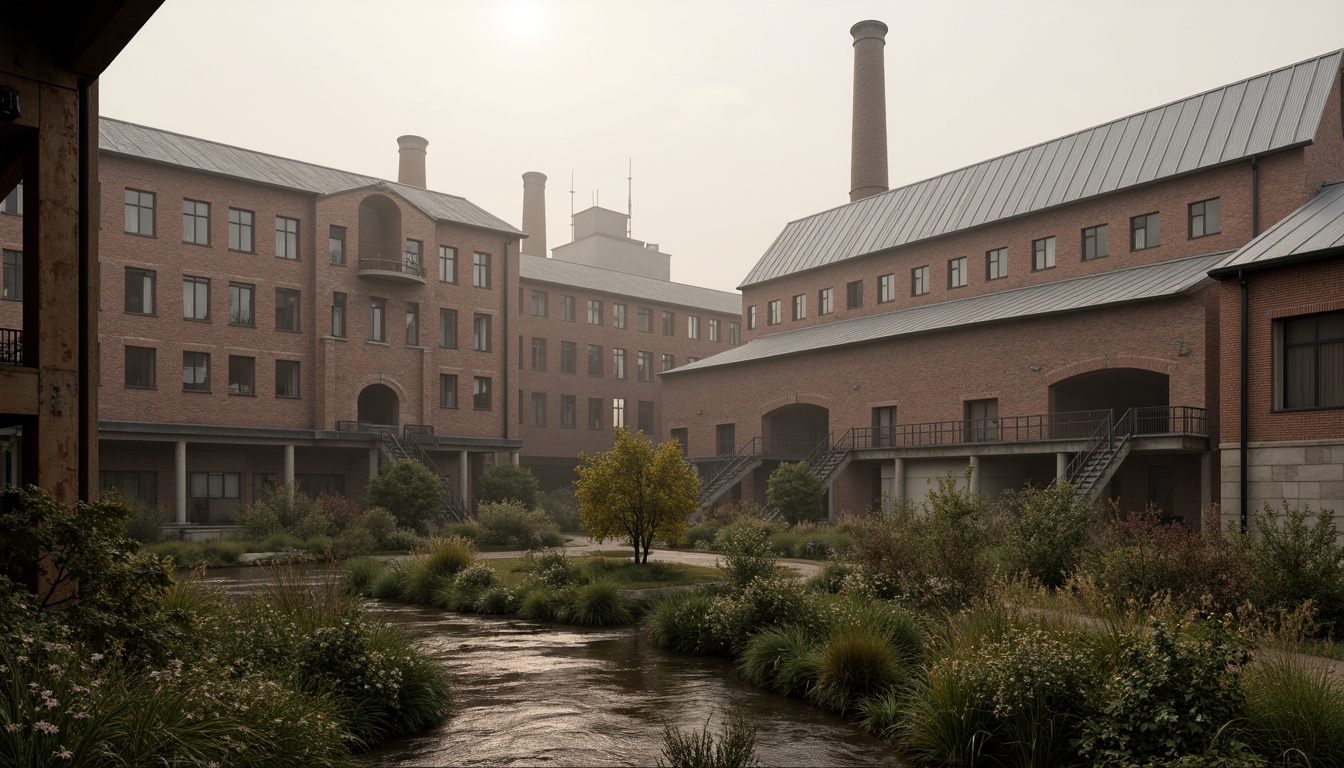 Prompt: Industrial factory complex, rustic brick buildings, corrugated metal roofs, worn concrete walls, vintage machinery, abandoned chimneys, overgrown vegetation, wildflowers, meandering streams, misty atmosphere, soft warm lighting, shallow depth of field, 3/4 composition, panoramic view, realistic textures, ambient occlusion, regionalism-inspired architecture, modern industrial design, functional spaces, exposed ductwork, metal catwalks, reclaimed wood accents, earthy color palette, natural stone pathways, weathered steel bridges.