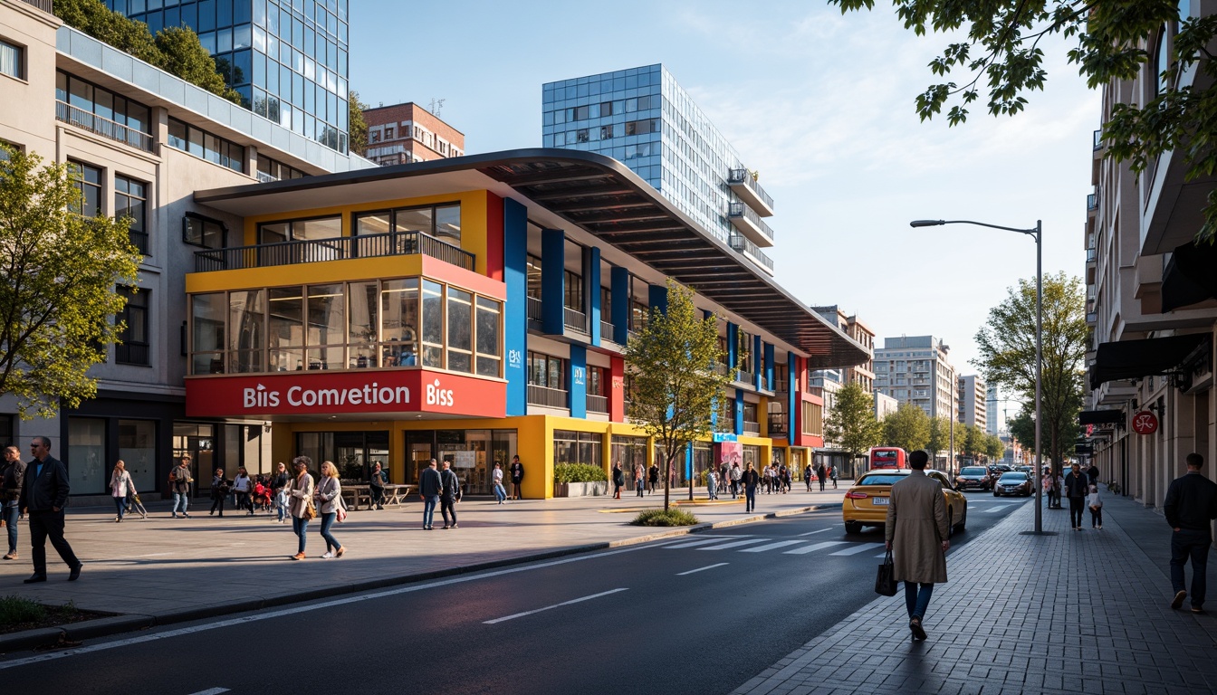 Prompt: Vibrant bus station, modern architecture, sleek metal structures, large glass windows, urban cityscape, busy streets, pedestrian traffic, public transportation hub, dynamic color scheme, bold primary colors, contrasting secondary hues, bright accents, energetic atmosphere, morning sunlight, soft warm lighting, shallow depth of field, 3/4 composition, realistic textures, ambient occlusion.