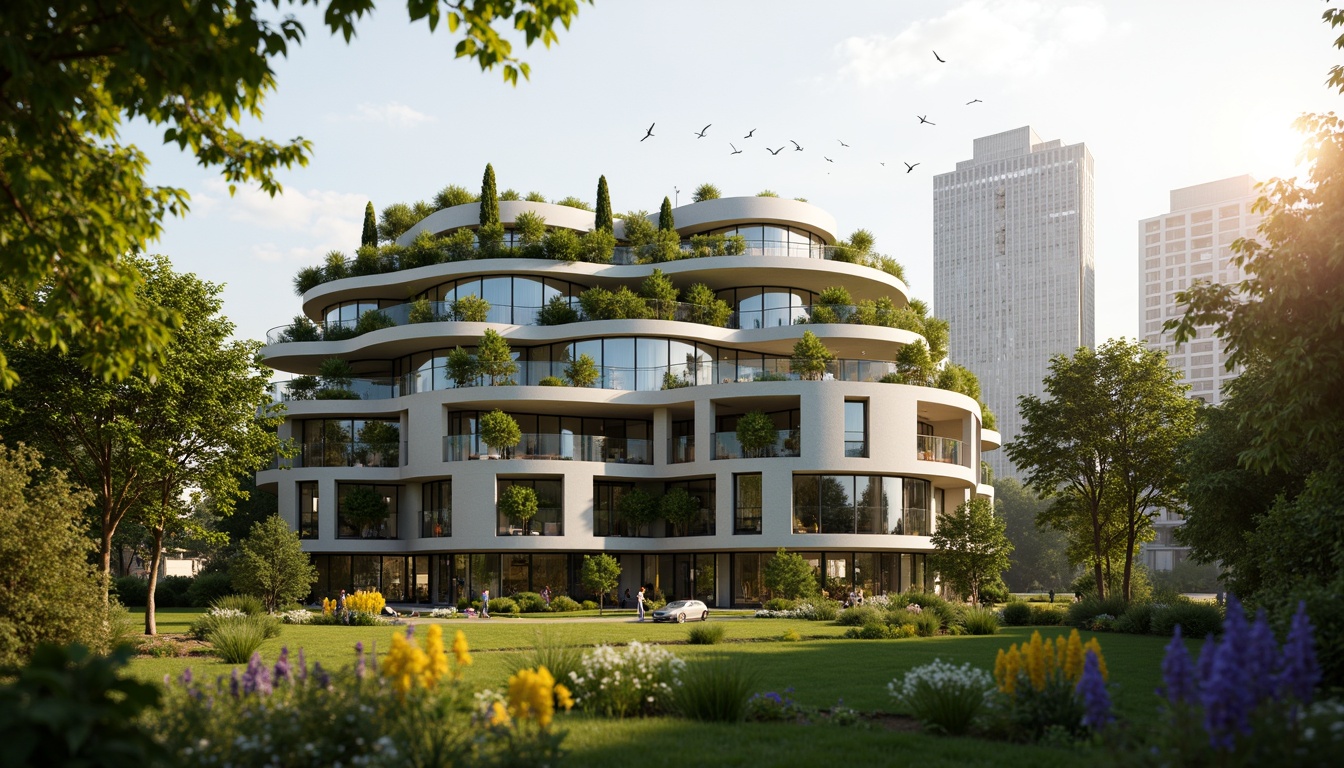 Prompt: Eco-friendly apartment building, curved blob-like shape, green roofs, solar panels, wind turbines, rainwater harvesting systems, recycled materials, natural ventilation, large windows, minimal ornamentation, soft warm lighting, shallow depth of field, 3/4 composition, panoramic view, realistic textures, ambient occlusion, lush greenery, vibrant flowers, urban forest, morning sunlight, gentle breeze, peaceful atmosphere.