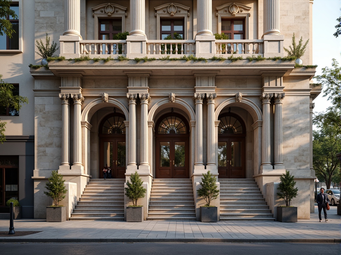 Prompt: Grandiose neoclassical facade, ornate columns, intricately carved details, symmetrical composition, rusticated base, grand entrance, sweeping staircases, elegant balustrades, ornamental pediments, classical arches, limestone walls, granite foundations, urban cityscape, bustling streets, morning sunlight, soft warm lighting, shallow depth of field, 1/1 composition, realistic textures, ambient occlusion.