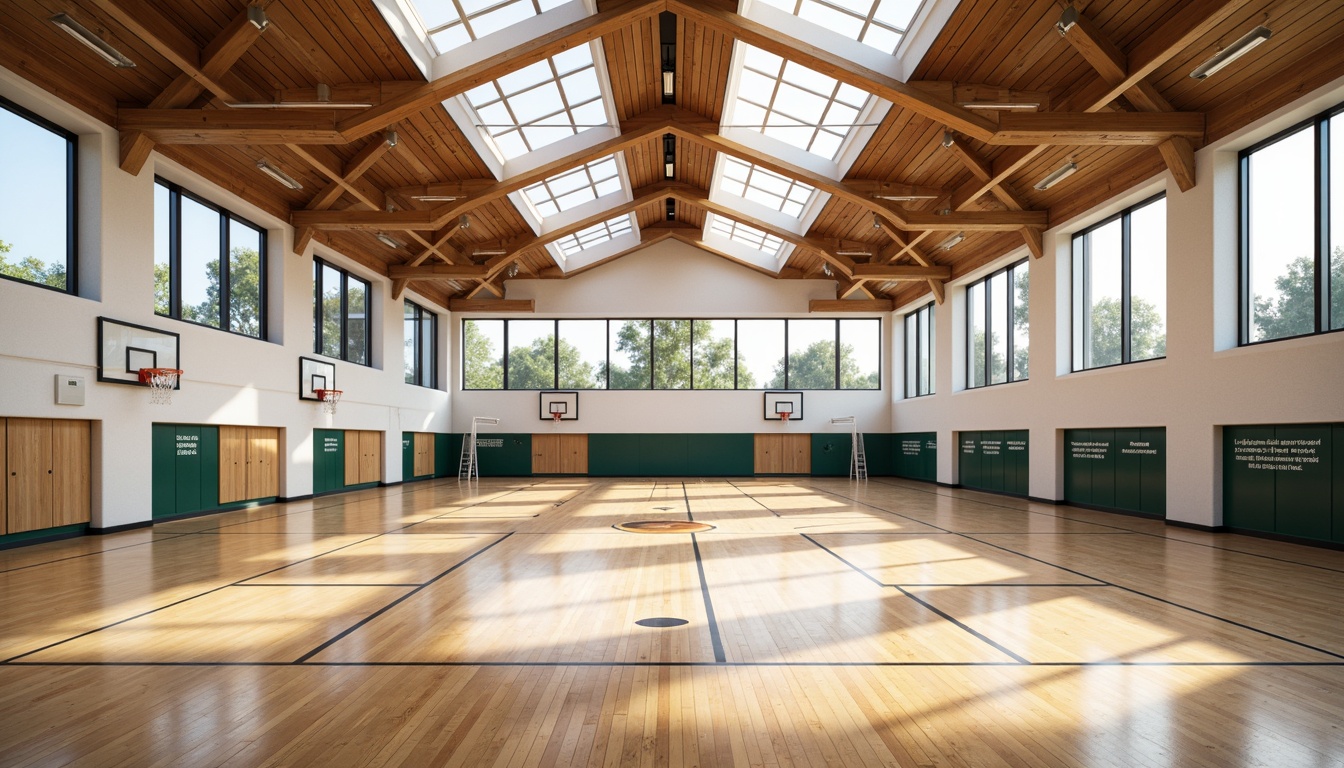 Prompt: Spacious gymnasium interior, high ceilings, clerestory windows, natural light pouring in, wooden flooring, sports equipment, basketball hoops, volleyball nets, athletic tracks, motivational quotes, modern architecture, minimalist design, bright color scheme, soft warm lighting, shallow depth of field, 3/4 composition, panoramic view, realistic textures, ambient occlusion.