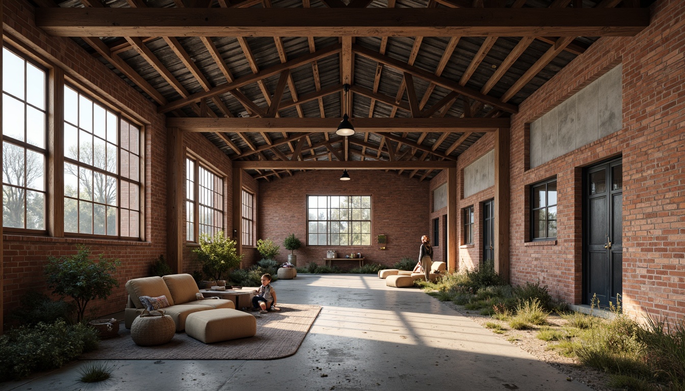 Prompt: Rustic industrial landscape, abandoned factories, worn brick walls, distressed metal roofs, reclaimed wood accents, earthy tones, natural textures, regional materials, local craftsmanship, exposed ductwork, concrete floors, steel beams, functional minimalism, industrial chic aesthetic, warm soft lighting, shallow depth of field, 1/1 composition, realistic renderings, ambient occlusion.