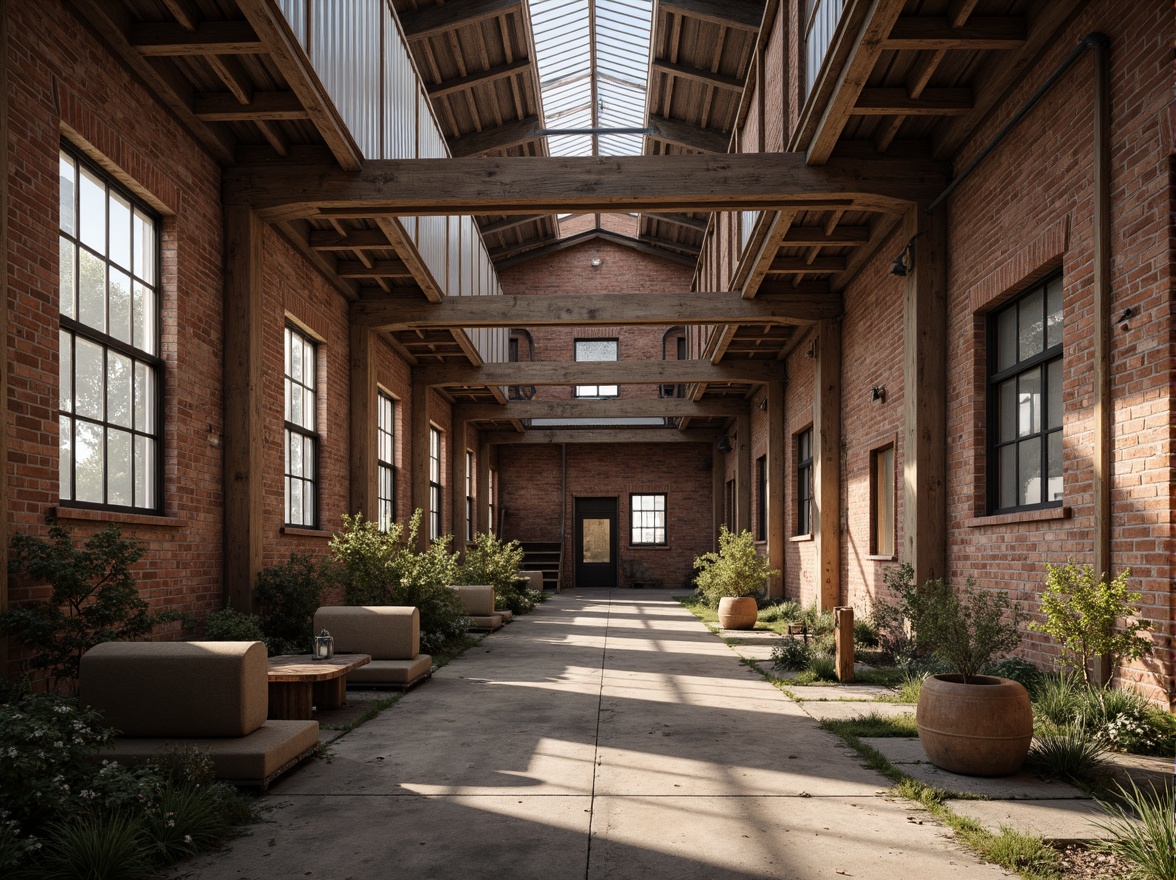 Prompt: Rustic industrial landscape, abandoned factories, worn brick walls, distressed metal roofs, reclaimed wood accents, earthy tones, natural textures, regional materials, local craftsmanship, exposed ductwork, concrete floors, steel beams, functional minimalism, industrial chic aesthetic, warm soft lighting, shallow depth of field, 1/1 composition, realistic renderings, ambient occlusion.