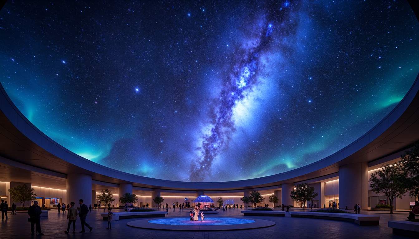 Prompt: Celestial planetarium dome, dark blues and purples, starry night sky, twinkling lights, nebula-inspired hues, iridescent colors, shimmering fabrics, metallic accents, futuristic architecture, spherical structure, immersive experience, 360-degree view, soft gradient lighting, atmospheric ambiance, mystical aura, cosmic-inspired patterns, glowing constellations, vibrant aurora borealis, ethereal mist, dreamy quality, surreal atmosphere.