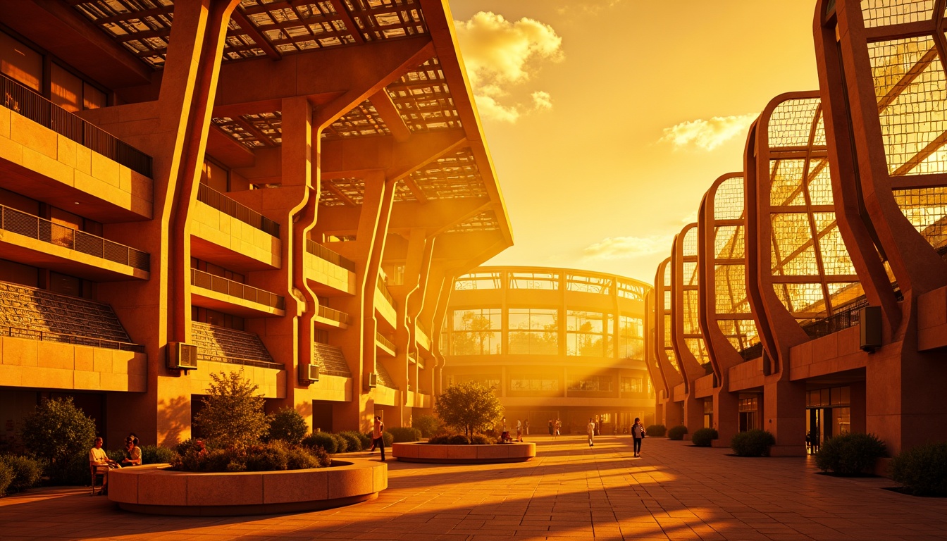 Prompt: Vibrant amber hues, warm golden lighting, dynamic expressionist architecture, curved lines, abstract shapes, bold geometric forms, futuristic stadium design, sleek metallic structures, translucent canopies, undulating roofs, angular columns, dramatic shadows, intense contrast, high-contrast lighting, cinematic atmosphere, 1/2 composition, low-angle shot, realistic textures, ambient occlusion.