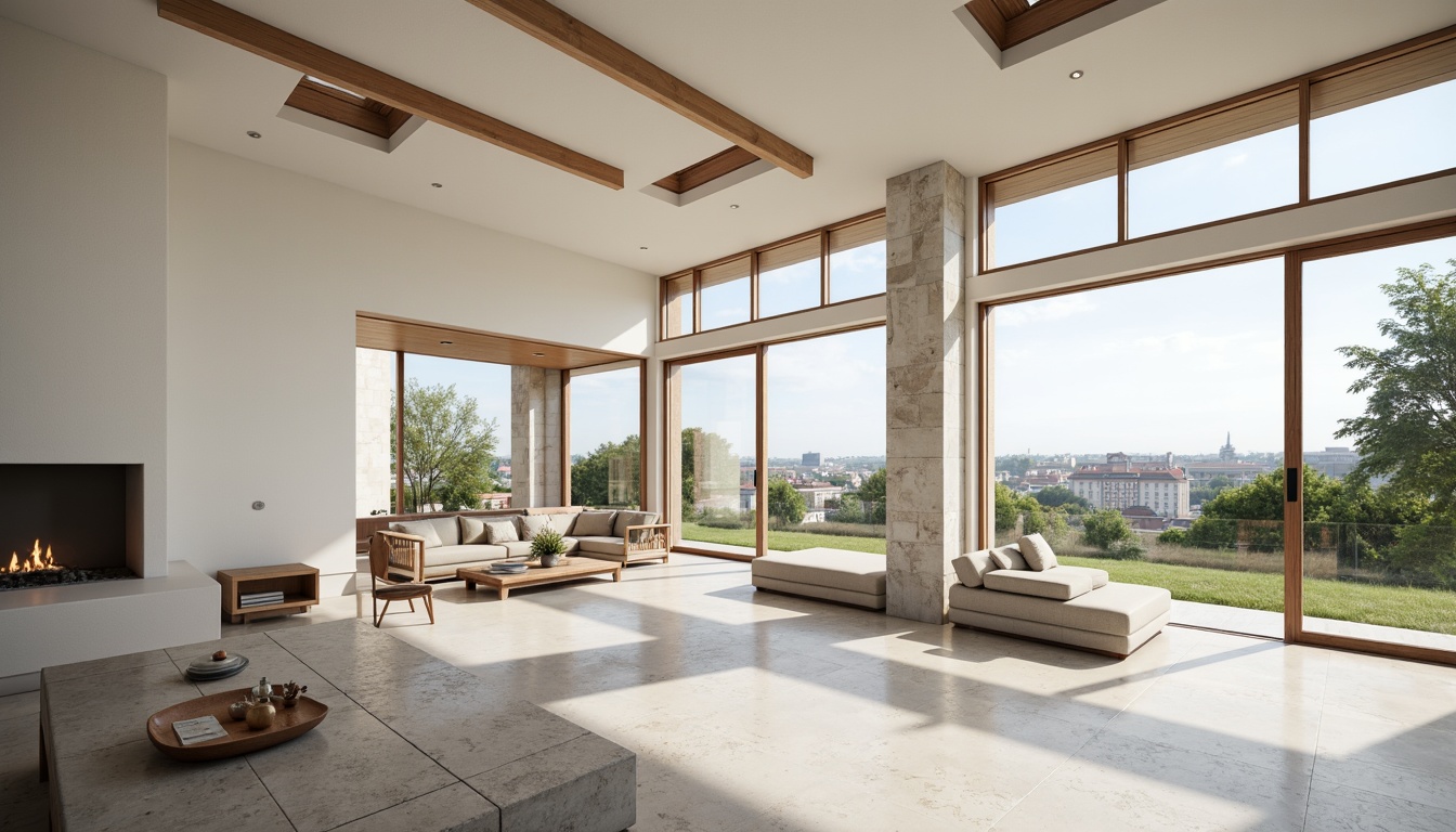 Prompt: Minimalist home, large windows, sliding glass doors, white walls, polished concrete floors, open floor plan, high ceilings, clerestory windows, skylights, natural stone accents, wooden beams, industrial chic decor, urban landscape views, cityscape backdrop, sunny day, soft warm lighting, shallow depth of field, 3/4 composition, panoramic view, realistic textures, ambient occlusion.