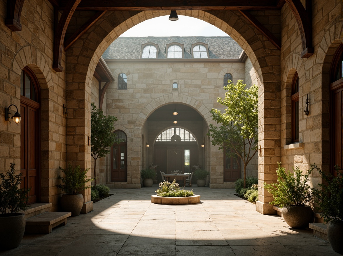 Prompt: Serene monastery courtyard, rustic stone walls, wooden accents, stained glass windows, vaulted ceilings, grand arches, ornate carvings, peaceful cloisters, natural light pouring through clerestory windows, warm golden tones, soft diffused lighting, subtle shadows, 1/1 composition, intimate atmosphere, realistic textures, ambient occlusion, misty morning, gentle sunlight, subtle color palette.