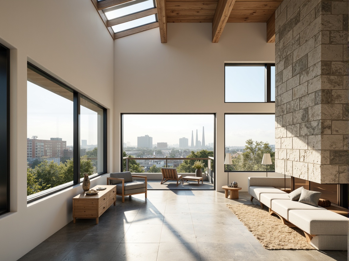 Prompt: Minimalist home, large windows, sliding glass doors, white walls, polished concrete floors, open floor plan, high ceilings, clerestory windows, skylights, natural stone accents, wooden beams, industrial chic decor, urban landscape views, cityscape backdrop, sunny day, soft warm lighting, shallow depth of field, 3/4 composition, panoramic view, realistic textures, ambient occlusion.