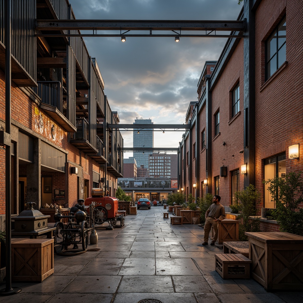 Prompt: Rustic industrial factory, exposed brick walls, metallic beams, reclaimed wood accents, distressed concrete floors, vintage machinery, urban cityscape, cloudy grey sky, warm soft lighting, shallow depth of field, 1/1 composition, realistic textures, ambient occlusion, worn wooden crates, old-fashioned lanterns, faded signage, eclectic mix of materials, post-industrial aesthetic, nostalgic atmosphere.