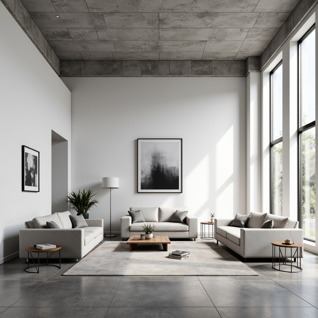 Prompt: Minimalist interior, clean lines, monochromatic color scheme, sleek furniture, low-profile sofas, geometric coffee tables, industrial metal chairs, polished concrete floors, large windows, abundant natural light, subtle textures, soft shadows, 1/1 composition, symmetrical framing, high-contrast lighting, abstract artwork, Scandinavian-inspired design.