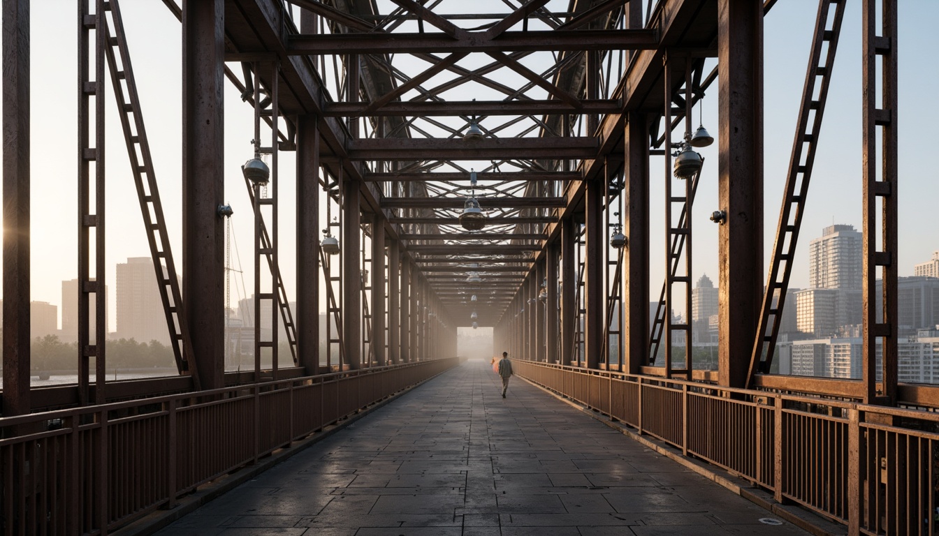 Prompt: Rustic steel bridges, industrial architecture, exposed beams, reinforced concrete pillars, suspension cables, metallic latticework, urban cityscape, misty morning atmosphere, soft warm lighting, shallow depth of field, 3/4 composition, panoramic view, realistic textures, ambient occlusion, intricate structural details, geometric patterns, modern engineering marvels, safety inspection equipment, construction cranes, warning signs, safety nets.