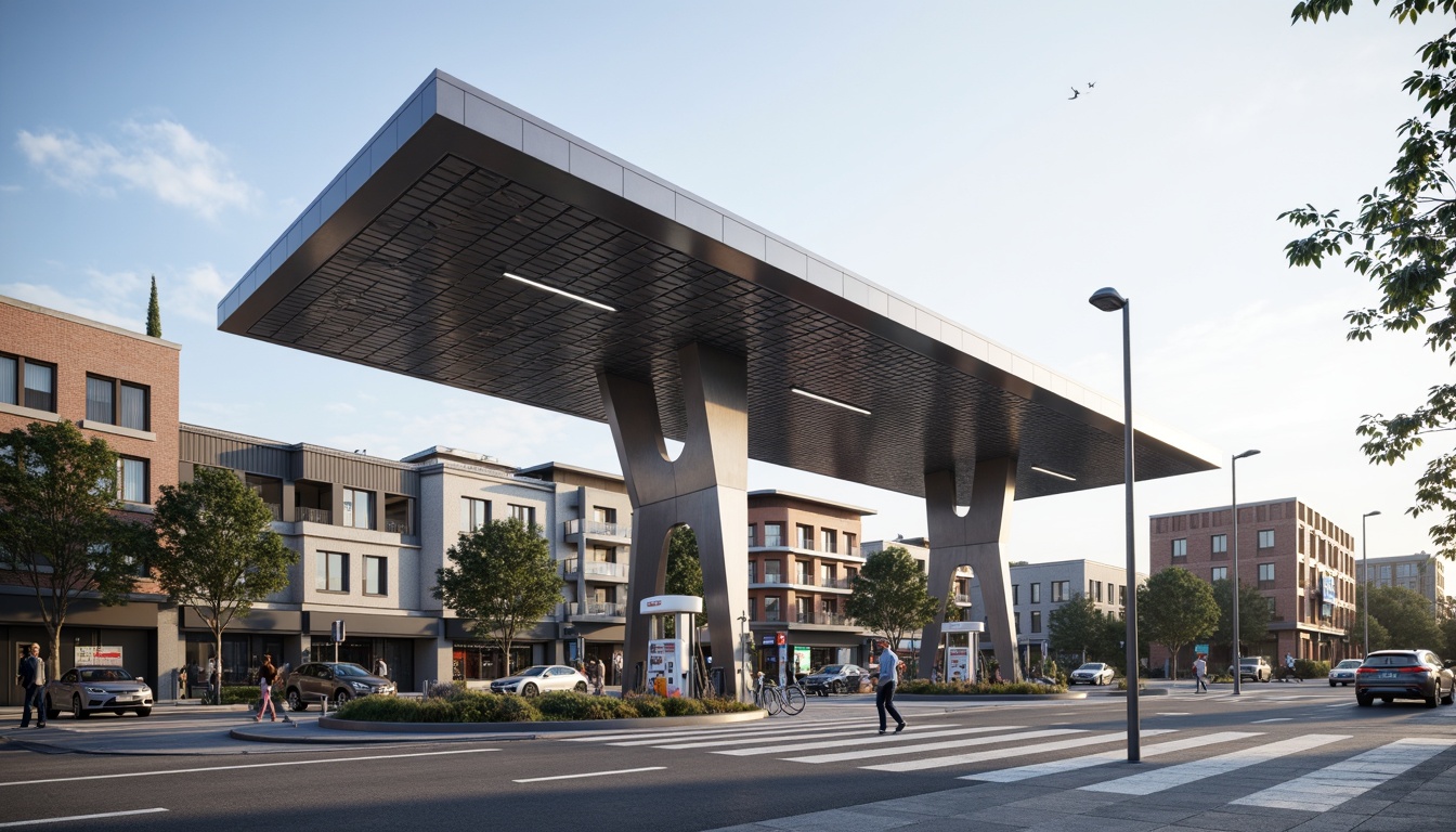 Prompt: Modern gas station, sleek canopy structure, minimalist design, angular lines, stainless steel beams, translucent roofing, natural ventilation, LED lighting, futuristic fuel pumps, digital signage, urban landscape, busy streets, morning sunlight, shallow depth of field, 1/1 composition, realistic textures, ambient occlusion.