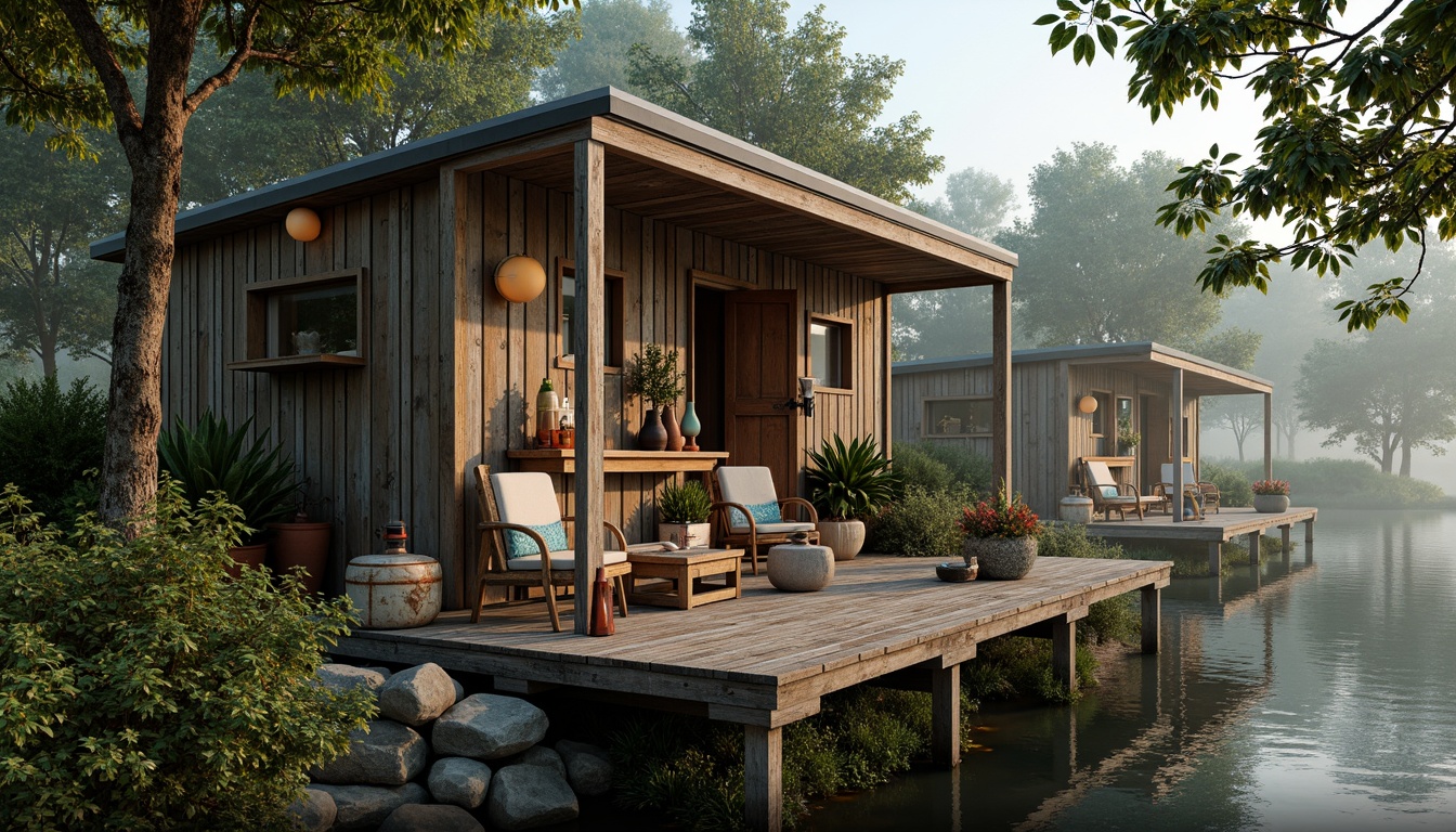 Prompt: Whimsical boathouse, eclectic facade, distressed wood textures, vintage nautical elements, rusty metal accents, colorful glass bottles, woven wicker furniture, lush greenery, overgrown vegetation, misty morning atmosphere, soft warm lighting, shallow depth of field, 1/1 composition, realistic water reflections, ambient occlusion.