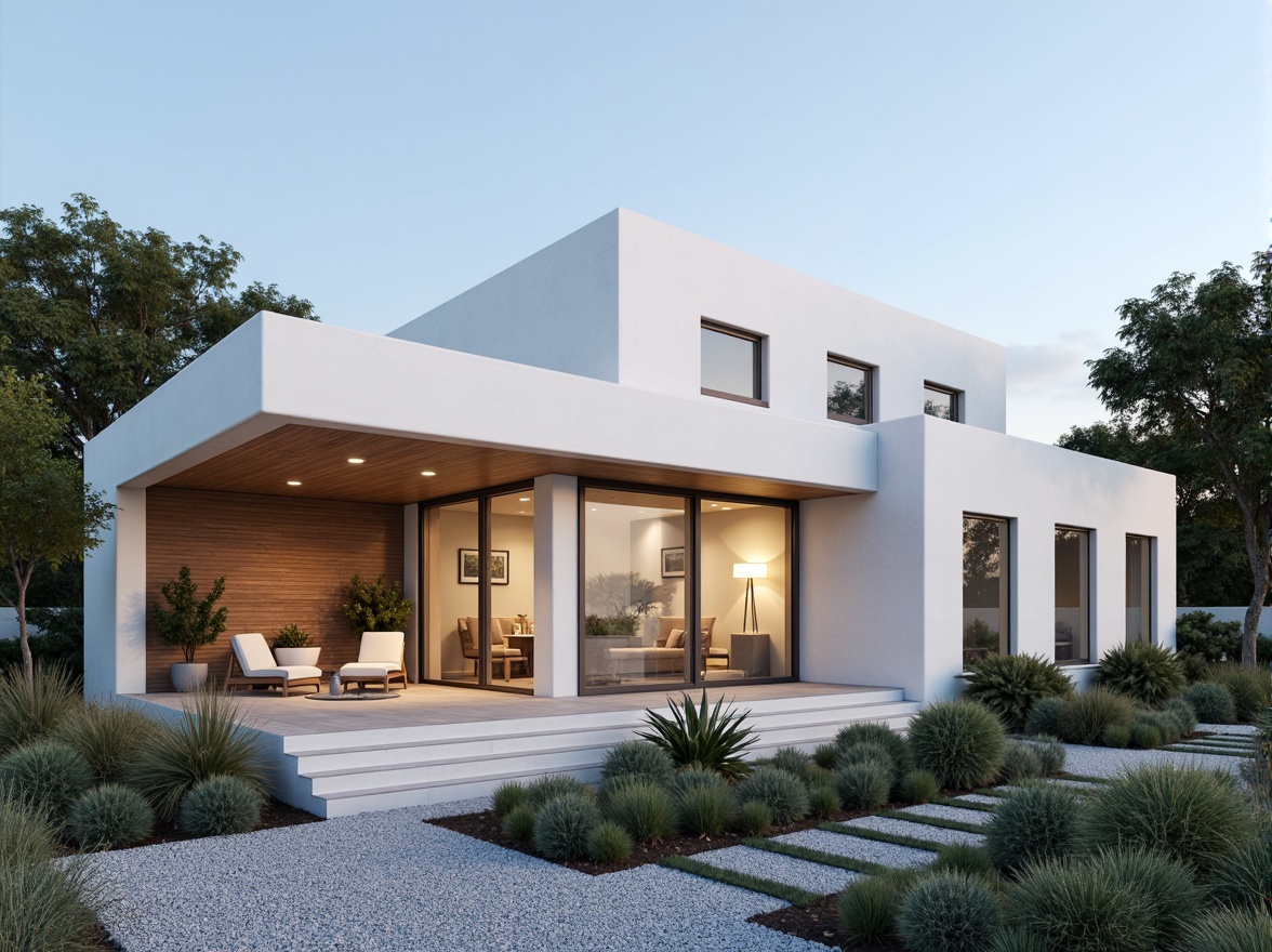 Prompt: Minimalist villa, clean lines, simple shapes, white stucco exterior, large windows, sliding glass doors, natural stone walls, wooden accents, horizontal wood slats, flat roofs, green roofs, succulent plants, gravel pathways, modern outdoor furniture, sleek metal railings, subtle lighting, warm ambient glow, soft shadows, 1/1 composition, realistic textures, ambient occlusion.