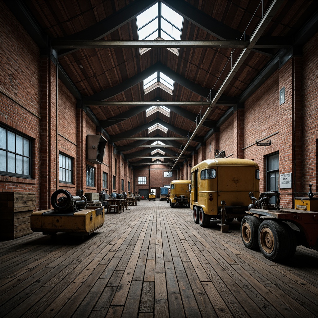 Prompt: Industrial factory setting, exposed brick walls, metal beams, worn wooden floors, vintage machinery, distressed textures, earthy tones, muted colors, rusty reds, weathered blues, faded yellows, industrial greys, urban atmosphere, gritty realism, high contrast lighting, dramatic shadows, cinematic composition, 1/2 camera angle, realistic renderings, ambient occlusion.