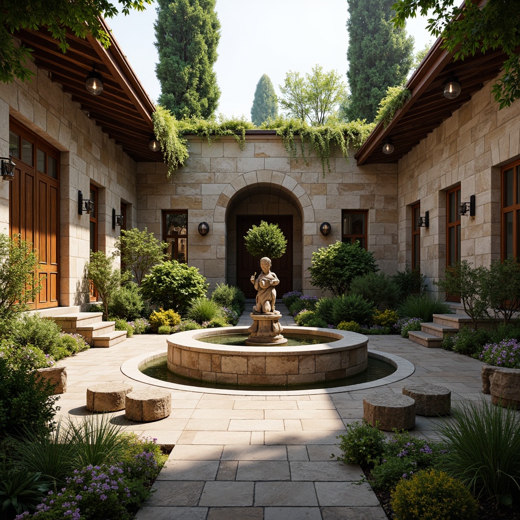 Prompt: Serene monastery courtyard, rustic stone walls, ornate wooden doors, tranquil water features, lush greenery, vibrant flowers, peaceful statues, intricate stonework, regional architectural elements, curved lines, earthy color palette, natural light filtering, warm ambient lighting, shallow depth of field, 3/4 composition, panoramic view, realistic textures, ambient occlusion.