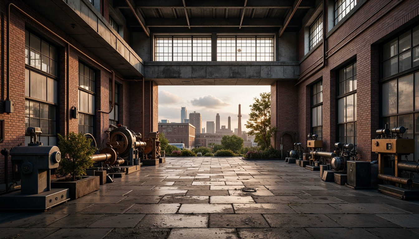 Prompt: Industrial factory setting, exposed brick walls, metal beams, worn wooden floors, distressed concrete textures, vintage machinery, rusty pipes, urban cityscape, cloudy grey skies, warm golden lighting, shallow depth of field, 1/2 composition, realistic materials, ambient occlusion, muted color palette, earthy tones, weathered steel blues, faded reds, industrial greens, creamy whites, rich browns.