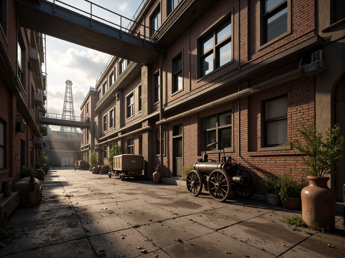 Prompt: Industrial factory setting, exposed brick walls, metal beams, worn wooden floors, distressed concrete textures, vintage machinery, rusty pipes, urban cityscape, cloudy grey skies, warm golden lighting, shallow depth of field, 1/2 composition, realistic materials, ambient occlusion, muted color palette, earthy tones, weathered steel blues, faded reds, industrial greens, creamy whites, rich browns.