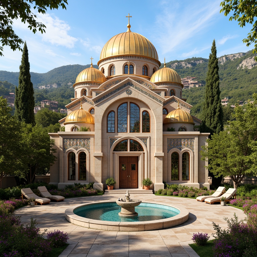 Prompt: Majestic Byzantine church, golden domes, intricate stone carvings, ornate mosaics, lush greenery, blooming flowers, serene courtyard, tranquil fountain, natural stone walkways, rustic wooden doors, grand archways, vibrant stained glass windows, warm soft lighting, shallow depth of field, 3/4 composition, panoramic view, realistic textures, ambient occlusion, Mediterranean landscape, rolling hills, olive trees, cypress trees, sunny day, clear blue sky.