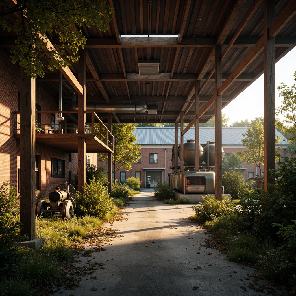 Prompt: Rustic industrial landscape, abandoned factories, distressed brick walls, corrugated metal roofs, worn wooden beams, vintage machinery, urban decay, overgrown vegetation, gritty urban atmosphere, warm golden lighting, shallow depth of field, 1/2 composition, cinematic view, realistic textures, ambient occlusion, nostalgic mood, retro-futuristic elements, exposed ductwork, concrete floors, steel columns, reclaimed wood accents, industrial chic aesthetic.