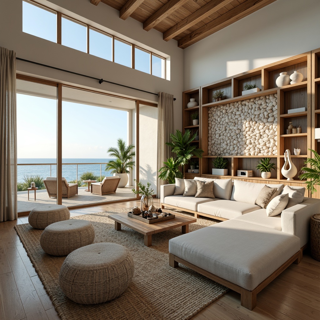 Prompt: Coastal living room, ocean-inspired color palette, driftwood accents, natural textiles, woven sea grass furniture, coral-patterned rugs, shell-adorned decorative walls, floor-to-ceiling windows, sliding glass doors, panoramic ocean views, soft warm lighting, beachy ambiance, minimalist decor, nautical-themed accessories, distressed wood flooring, plush sectional sofas, built-in shelving units, tropical plants, calming atmosphere, 1/1 composition, realistic reflections, ambient occlusion.