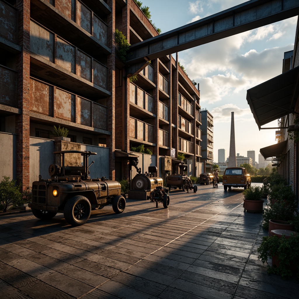 Prompt: Industrial factory setting, exposed brick walls, metal beams, worn wooden floors, distressed concrete textures, vintage machinery, rusty pipes, urban cityscape, cloudy grey skies, warm golden lighting, shallow depth of field, 1/2 composition, realistic render, ambient occlusion, muted color palette, earthy tones, weathered steel blues, faded reds, industrial greens, creamy whites, worn leather accents, metallic sheens.