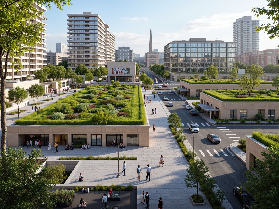 Prompt: Vibrant transportation hub, lush green roofs, natural stone walls, modern architecture, large windows, glass facades, bustling streets, pedestrian walkways, cyclist lanes, public art installations, urban furniture, dynamic lighting systems, shallow depth of field, 3/4 composition, panoramic view, realistic textures, ambient occlusion, integrated landscape design, native plant species, rainwater harvesting systems, green infrastructure, eco-friendly materials, sustainable transportation solutions, electric vehicle charging stations, futuristic train stations, bus rapid transit systems.