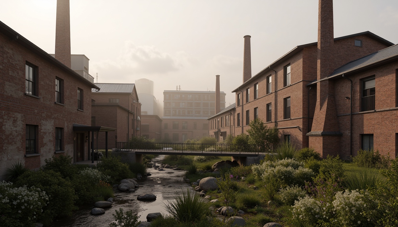 Prompt: Industrial factory complex, rustic brick buildings, corrugated metal roofs, worn concrete walls, vintage machinery, abandoned chimneys, overgrown vegetation, wildflowers, meandering streams, misty atmosphere, soft warm lighting, shallow depth of field, 3/4 composition, panoramic view, realistic textures, ambient occlusion, regionalism-inspired architecture, modern industrial design, functional spaces, exposed ductwork, metal catwalks, reclaimed wood accents, earthy color palette, natural stone pathways, weathered steel bridges.