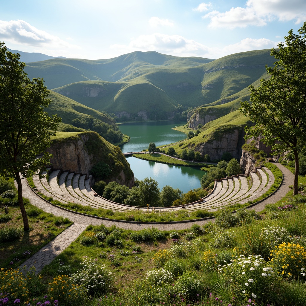 Prompt: Rolling hills, lush greenery, serene lake views, amphitheater structures, tiered seating, natural stone walls, wooden benches, scenic overlooks, walking trails, meandering streams, rustic bridges, vibrant wildflowers, sunny afternoon, soft warm lighting, shallow depth of field, 3/4 composition, panoramic view, realistic textures, ambient occlusion.