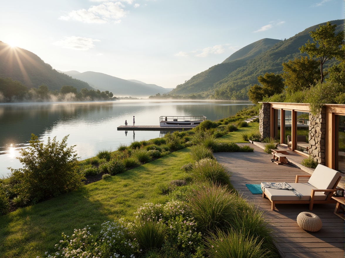 Prompt: Rolling hills, lush green meadows, serene lakeside, wooden docks, sailboats, misty morning, warm sunlight, soft focus, shallow depth of field, 3/4 composition, panoramic view, realistic textures, ambient occlusion, modern architecture, sleek lines, minimalist design, floor-to-ceiling windows, sliding glass doors, natural stone walls, wooden accents, cozy interior spaces, comfortable outdoor furniture, vibrant colorful textiles, intricate geometric patterns.