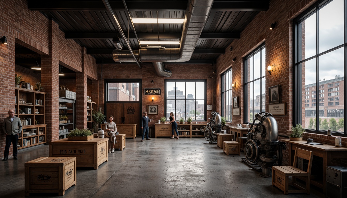 Prompt: Rustic industrial factory, exposed brick walls, metallic beams, reclaimed wood accents, distressed concrete floors, vintage machinery, urban cityscape, cloudy grey sky, warm soft lighting, shallow depth of field, 1/1 composition, realistic textures, ambient occlusion, worn wooden crates, old-fashioned lanterns, faded signage, eclectic mix of materials, post-industrial aesthetic, nostalgic atmosphere.