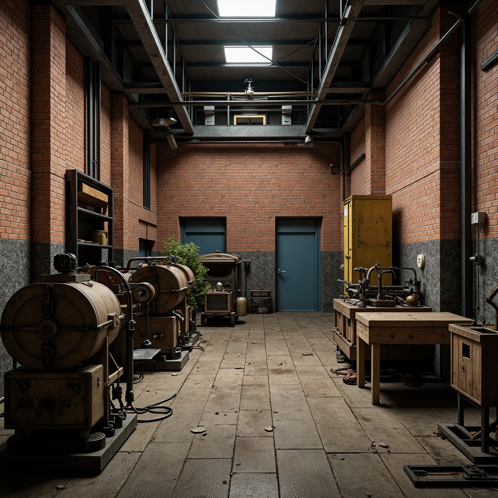 Prompt: Industrial factory setting, exposed brick walls, metal beams, worn wooden floors, vintage machinery, distressed textures, earthy tones, muted colors, rusty reds, weathered blues, faded yellows, industrial greys, urban atmosphere, gritty realism, high contrast lighting, dramatic shadows, cinematic composition, 1/2 camera angle, realistic renderings, ambient occlusion.