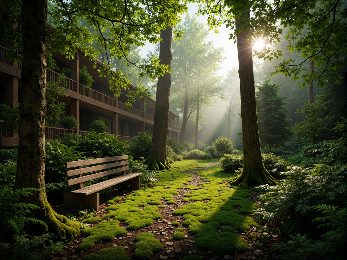 Prompt: Mossy forest floor, lush greenery, misty atmosphere, natural stone walls, wooden accents, earthy scent, soft warm lighting, shallow depth of field, 3/4 composition, panoramic view, realistic textures, ambient occlusion, serene ambiance, moss-covered trees, vibrant ferns, rustic wooden benches, winding forest paths, foggy morning, gentle sunlight filtering through leaves.