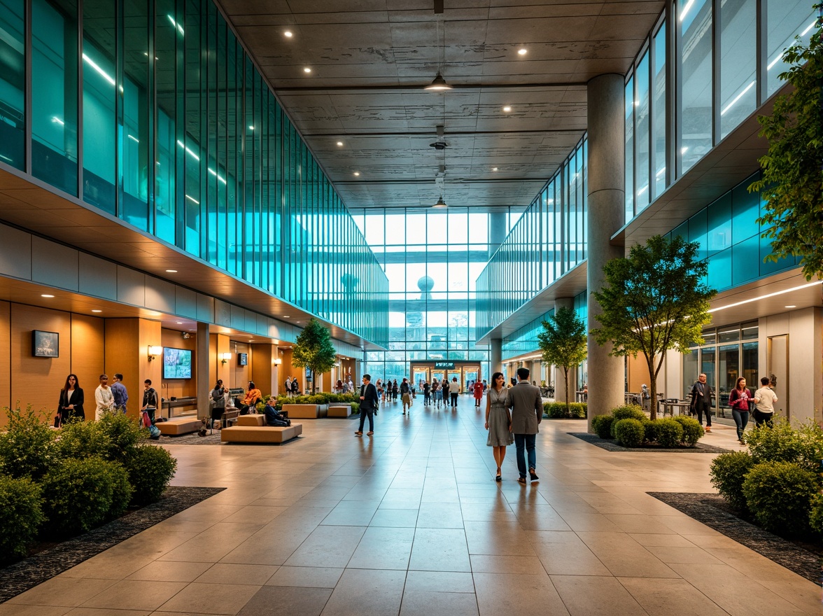 Prompt: Modern airport terminal, sleek glass fa\u00e7ade, metallic accents, vibrant blue and green hues, natural stone flooring, warm beige walls, airy high ceilings, ample natural light, dynamic LED lighting, futuristic architecture, minimalist design, efficient wayfinding systems, clear signage, comfortable seating areas, lush greenery, calming ambiance, soft warm lighting, shallow depth of field, 3/4 composition, panoramic view, realistic textures, ambient occlusion.