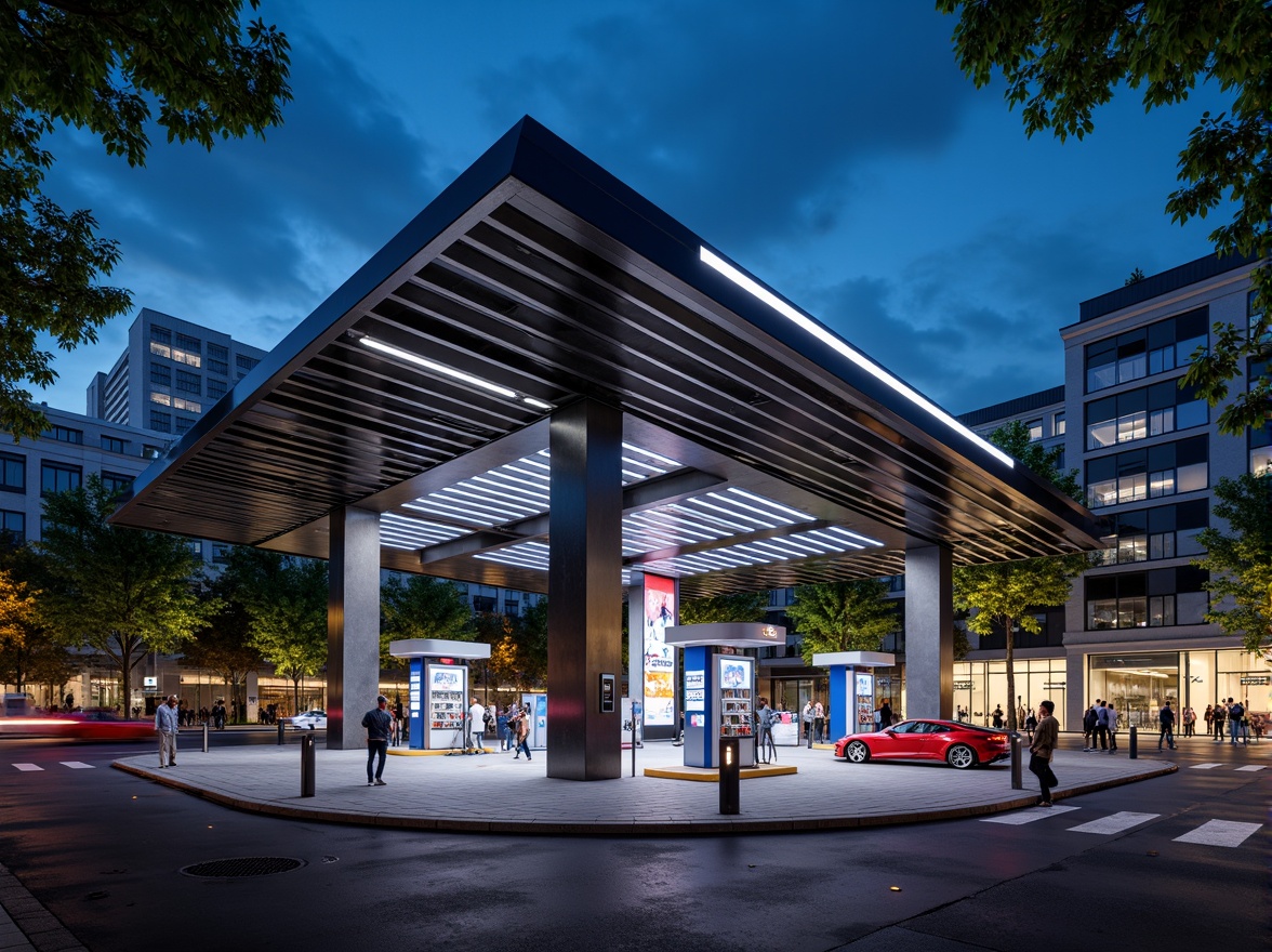 Prompt: Futuristic gas station, sleek metal facade, neon LED lights, angular lines, minimalist design, high-tech equipment, digital displays, touchless payment systems, modern fuel pumps, stainless steel canopies, cantilevered roofs, green walls, living trees, urban landscape, busy streets, vibrant city lights, shallow depth of field, 1/1 composition, realistic textures, ambient occlusion.