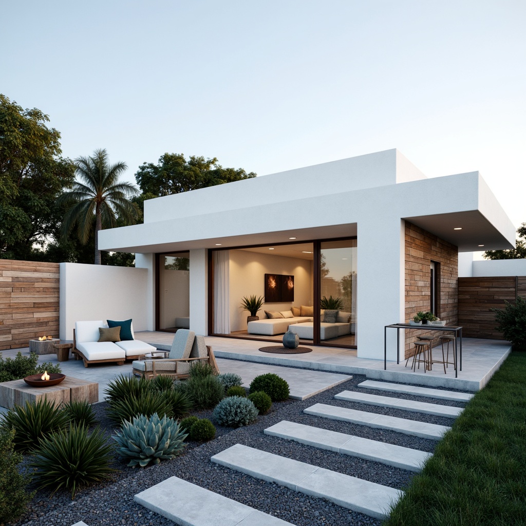 Prompt: Minimalist villa, clean lines, simple shapes, white stucco exterior, large windows, sliding glass doors, natural stone walls, wooden accents, horizontal wood slats, flat roofs, green roofs, succulent plants, gravel pathways, modern outdoor furniture, sleek metal railings, subtle lighting, warm ambient glow, soft shadows, 1/1 composition, realistic textures, ambient occlusion.