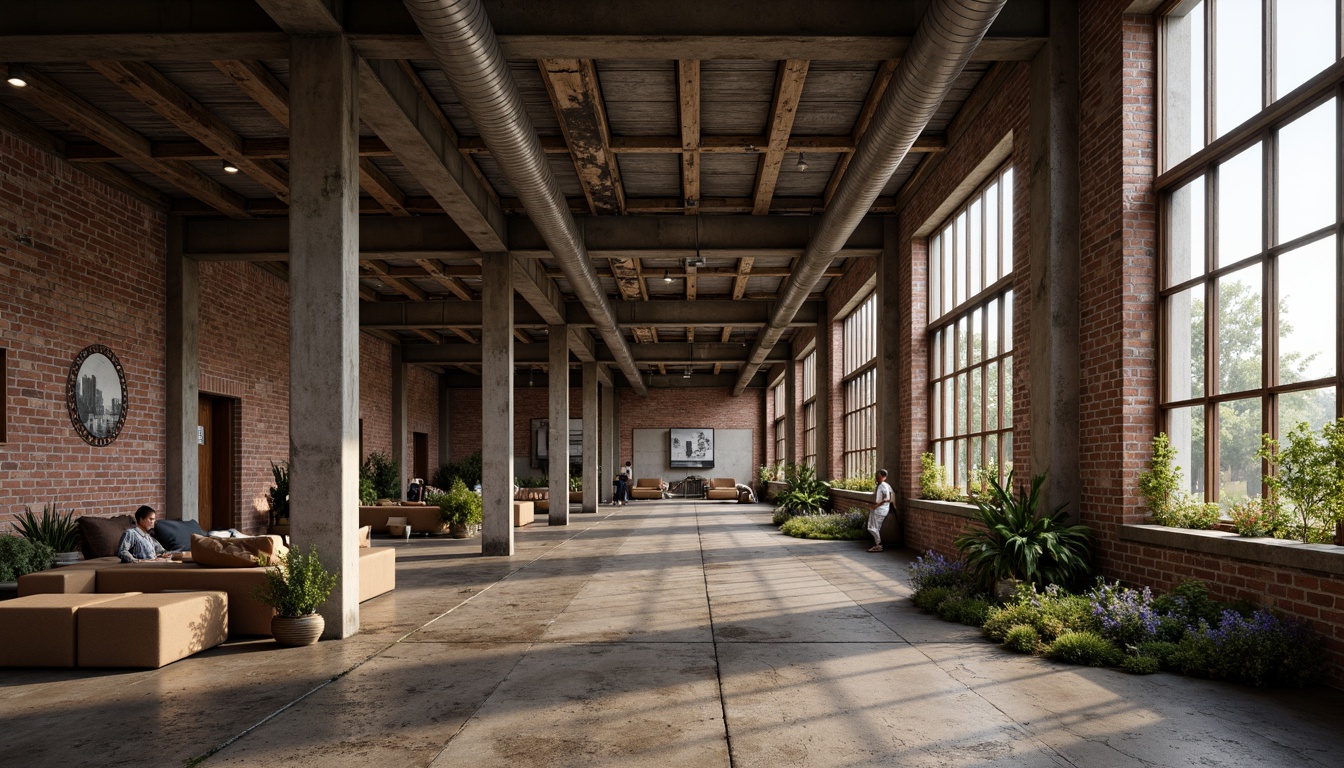 Prompt: Rustic industrial landscape, abandoned factories, worn brick walls, distressed metal roofs, reclaimed wood accents, earthy tones, natural textures, regional materials, local craftsmanship, exposed ductwork, concrete floors, steel beams, functional minimalism, industrial chic aesthetic, warm soft lighting, shallow depth of field, 1/1 composition, realistic renderings, ambient occlusion.