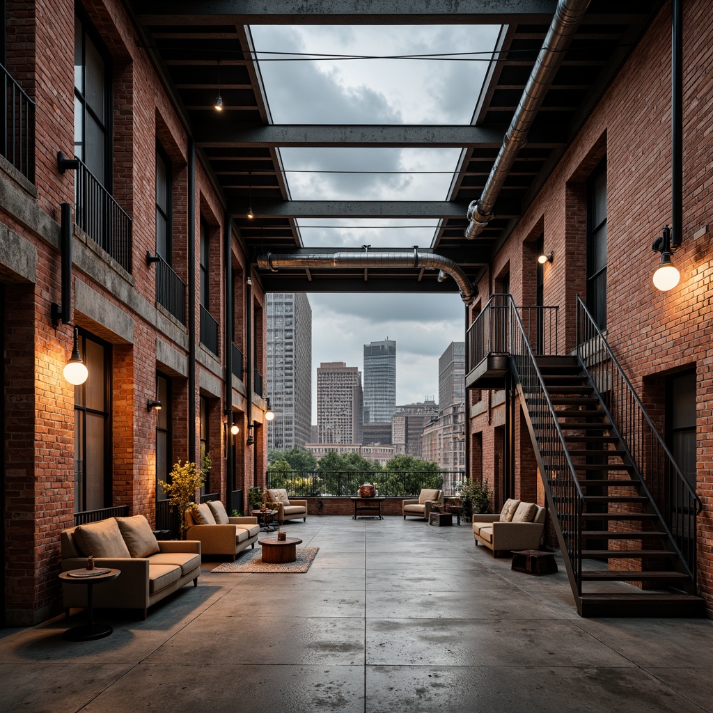 Prompt: Rustic industrial warehouse, exposed brick walls, metal beams, reclaimed wood accents, vintage machinery, distressed concrete floors, urban cityscape, cloudy grey sky, dramatic warm lighting, shallow depth of field, 1/1 composition, realistic textures, ambient occlusion, functional pipes, industrial-style lamps, metallic staircases, minimalist decor, modern urban living, converted loft spaces.