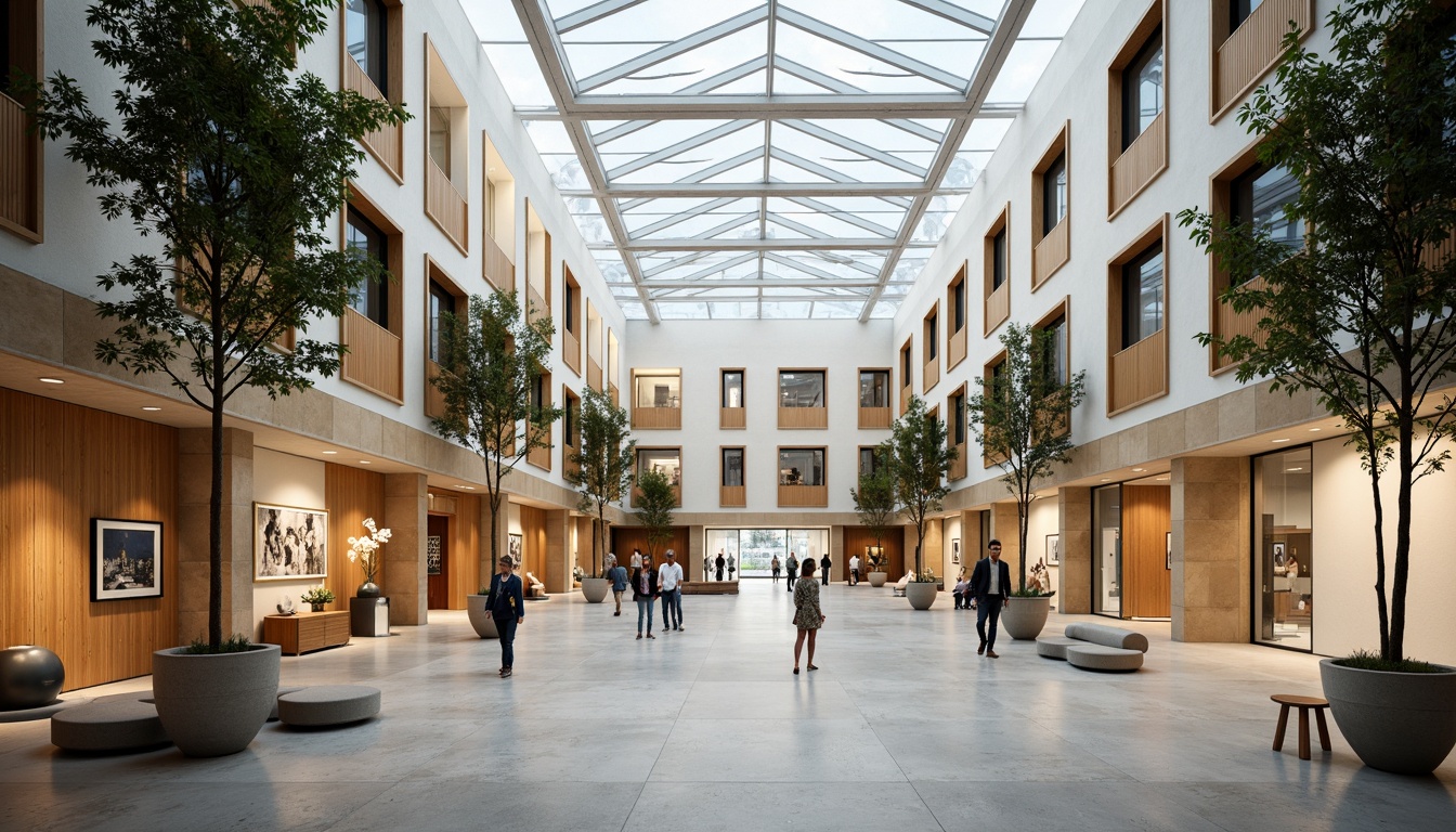 Prompt: Vibrant cultural center, grand atrium, high ceilings, clerestory windows, skylights, transparent roofs, minimalist interior design, polished concrete floors, reflective surfaces, open floor plans, flexible exhibition spaces, natural stone walls, wooden accents, warm color schemes, soft diffused lighting, 1/1 composition, shallow depth of field, panoramic view, realistic textures, ambient occlusion.