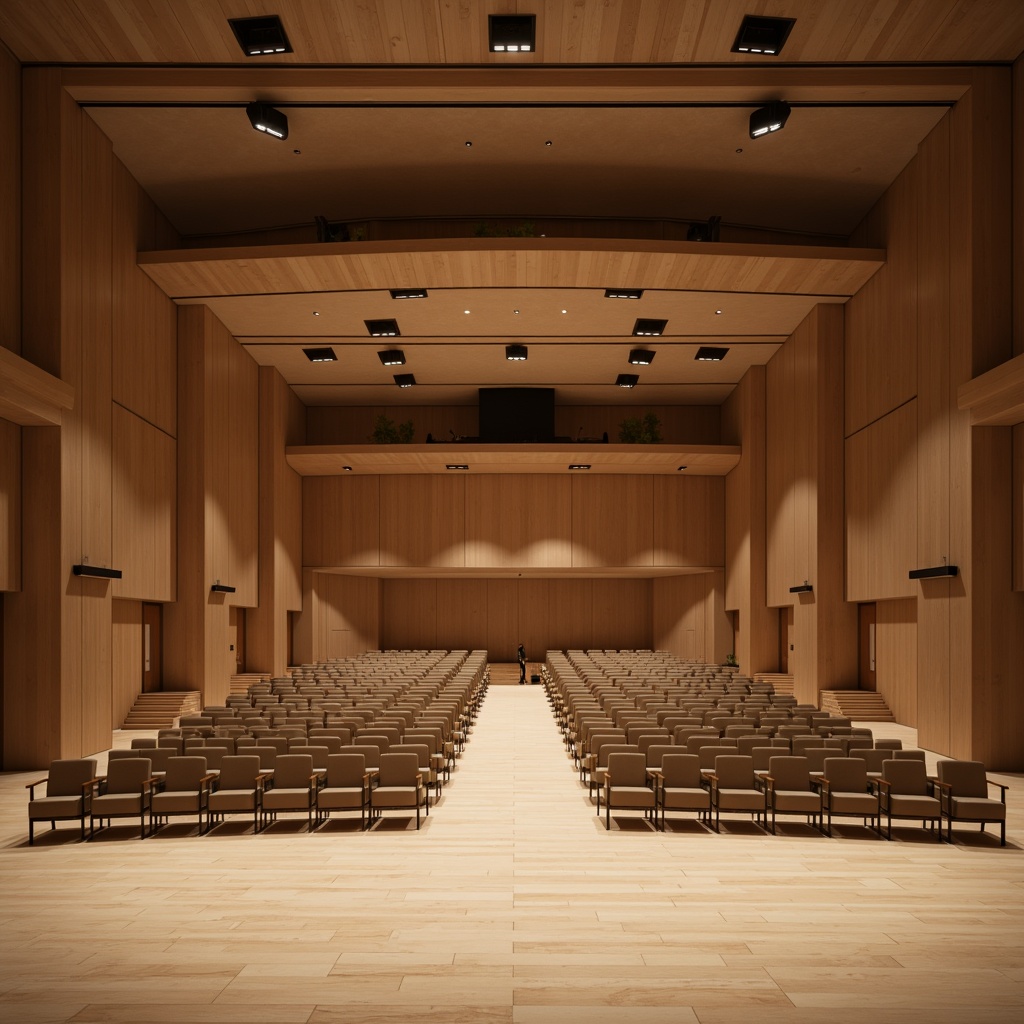 Prompt: Minimalist auditorium interior, sleek wooden floors, sound-absorbing panels, curved lines, geometric shapes, subtle lighting, warm beige tones, comfortable seating, optimized speaker placement, precise acoustic calculations, reverberation control, echo reduction, crystal-clear sound quality, intimate performance atmosphere, shallow stage design, dramatic spotlights, soft shadows, 1/1 composition, realistic textures, ambient occlusion.