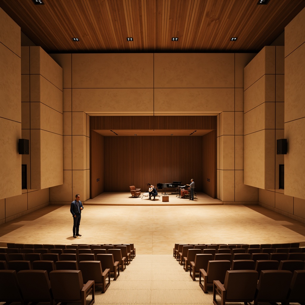 Prompt: Minimalist auditorium interior, sleek wooden floors, sound-absorbing panels, curved lines, geometric shapes, subtle lighting, warm beige tones, comfortable seating, optimized speaker placement, precise acoustic calculations, reverberation control, echo reduction, crystal-clear sound quality, intimate performance atmosphere, shallow stage design, dramatic spotlights, soft shadows, 1/1 composition, realistic textures, ambient occlusion.