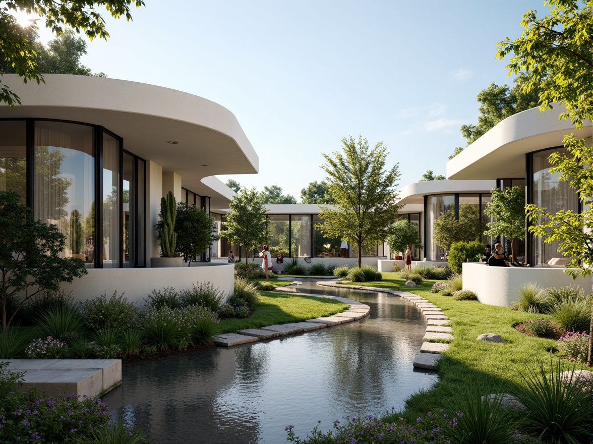 Prompt: Sleek modern architecture, curved lines, reflective glass surfaces, minimalist design, lush greenery, serene water features, gentle streams, natural stone walkways, vibrant flowers, blooming trees, sunny day, soft warm lighting, shallow depth of field, 3/4 composition, panoramic view, realistic textures, ambient occlusion.