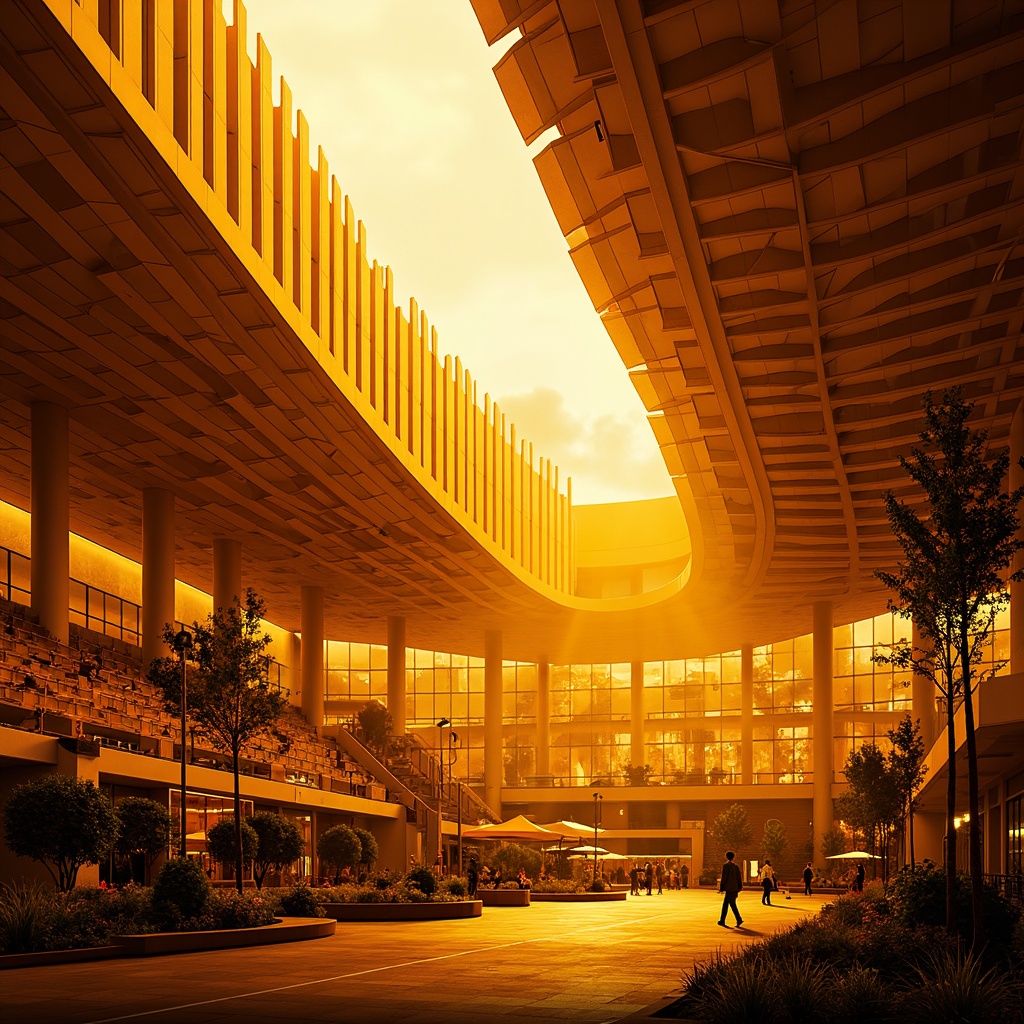 Prompt: Vibrant amber hues, warm golden lighting, dynamic expressionist architecture, curved lines, abstract shapes, bold geometric forms, futuristic stadium design, sleek metallic structures, translucent canopies, undulating roofs, angular columns, dramatic shadows, intense contrast, high-contrast lighting, cinematic atmosphere, 1/2 composition, low-angle shot, realistic textures, ambient occlusion.