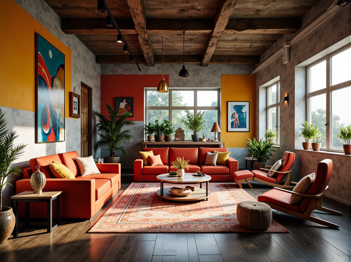 Prompt: Vibrant artistic studio, eclectic furniture, bold color blocking, contrasting textures, abstract artwork, statement lighting fixtures, industrial metal accents, reclaimed wood floors, bohemian-inspired rugs, natural stone walls, oversized windows, soft warm glow, shallow depth of field, 1/1 composition, realistic renderings, ambient occlusion.