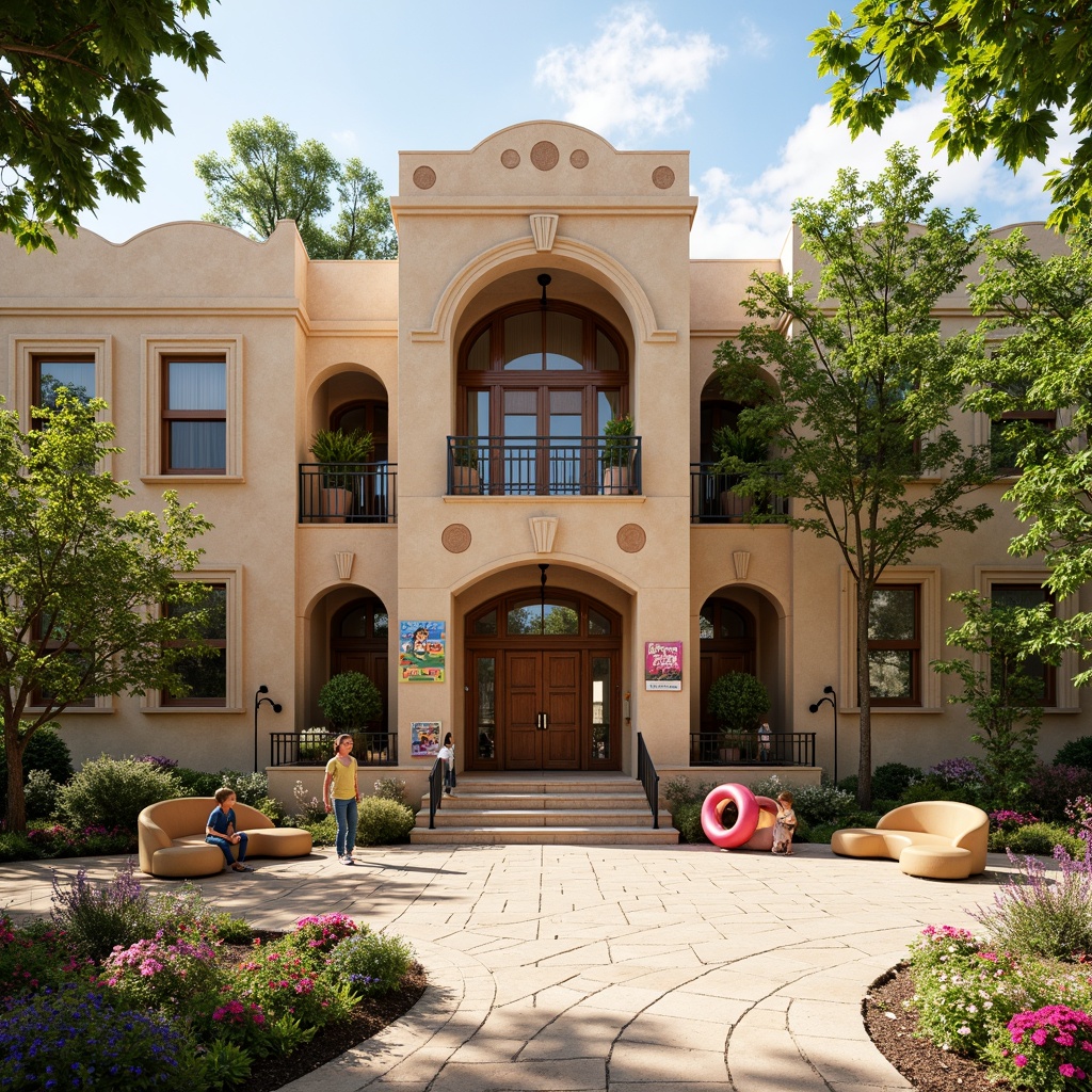 Prompt: Rustic elementary school building, Romanesque arches, warm beige stone walls, ornate carvings, grand entrance, heavy wooden doors, vibrant greenery, blooming flowers, playful playground equipment, colorful murals, educational signage, natural stone walkways, curved staircases, high ceilings, large windows, soft warm lighting, shallow depth of field, 3/4 composition, panoramic view, realistic textures, ambient occlusion.