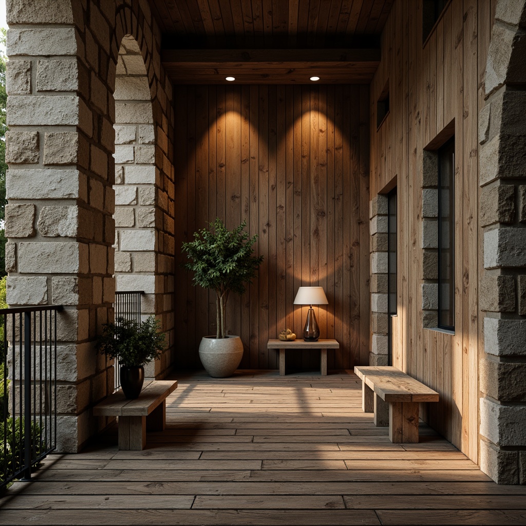 Prompt: Rustic wooden planks, distressed metal panels, rough-hewn stone walls, earthy tone color palette, natural material textures, organic shapes, irregular forms, abstract patterns, moody atmospheric lighting, warm golden hour, shallow depth of field, 1/2 composition, realistic renderings, ambient occlusion.