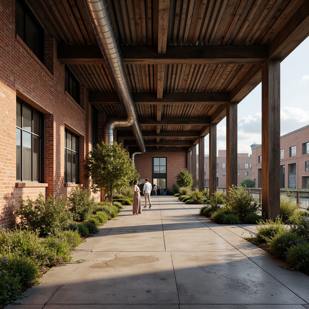 Prompt: Rustic industrial landscape, abandoned factories, worn brick walls, distressed metal roofs, reclaimed wood accents, earthy tones, natural textures, regional materials, local craftsmanship, exposed ductwork, concrete floors, steel beams, functional minimalism, industrial chic aesthetic, warm soft lighting, shallow depth of field, 1/1 composition, realistic renderings, ambient occlusion.