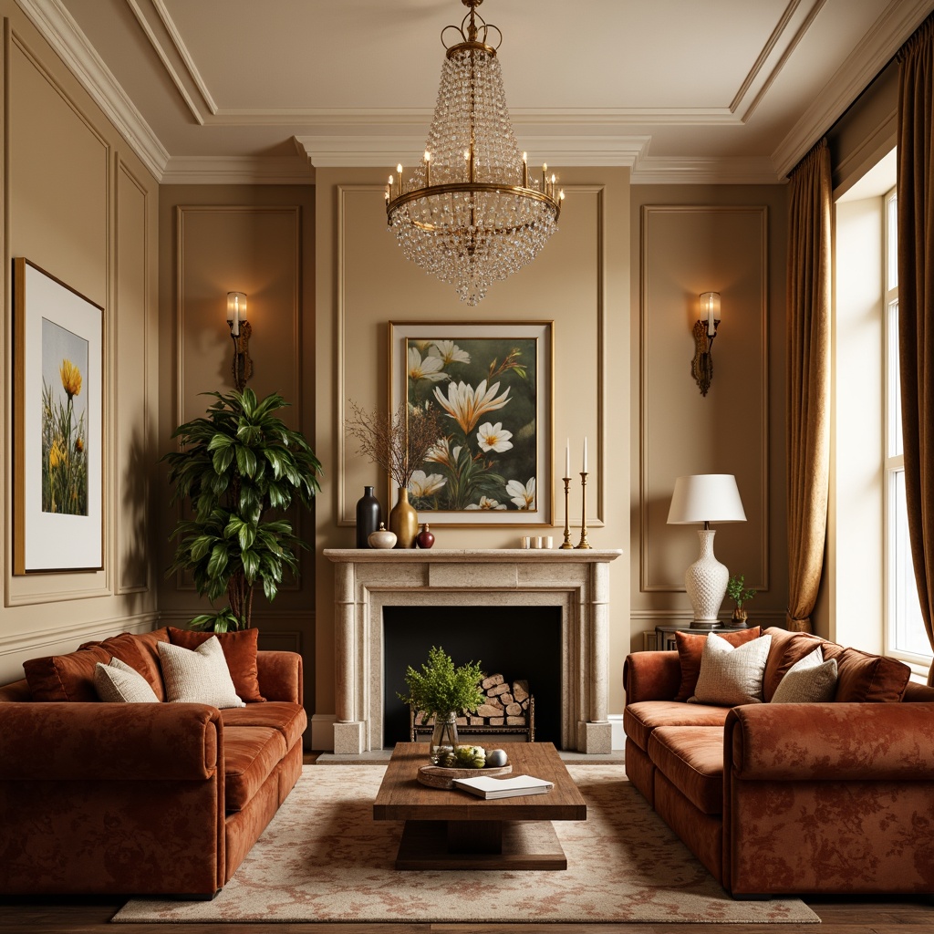 Prompt: Cozy living room, warm beige walls, rich walnut wood furniture, plush velvet sofas, soft golden lighting, natural stone fireplace, earthy terracotta accents, calming botanical prints, creamy white trim, elegant crystal chandeliers, inviting atmosphere, 1/1 composition, shallow depth of field, realistic textures, ambient occlusion.